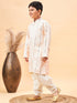 Boy's Cream Embroidered Vertical Mirror Work Kurta With Patiala Set
