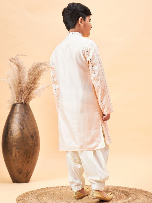 Boy's Cream Embroidered Vertical Mirror Work Kurta With Patiala Set