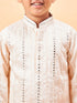 Boy's Cream Embroidered Vertical Mirror Work Kurta With Patiala Set