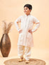 Boy's Cream Embroidered Vertical Mirror Work Kurta With Patiala Set