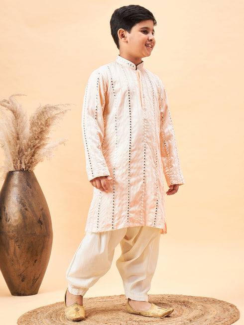 Boy's Cream Embroidered Vertical Mirror Work Kurta With Patiala Set