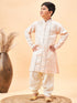 Boy's Cream Embroidered Vertical Mirror Work Kurta With Patiala Set