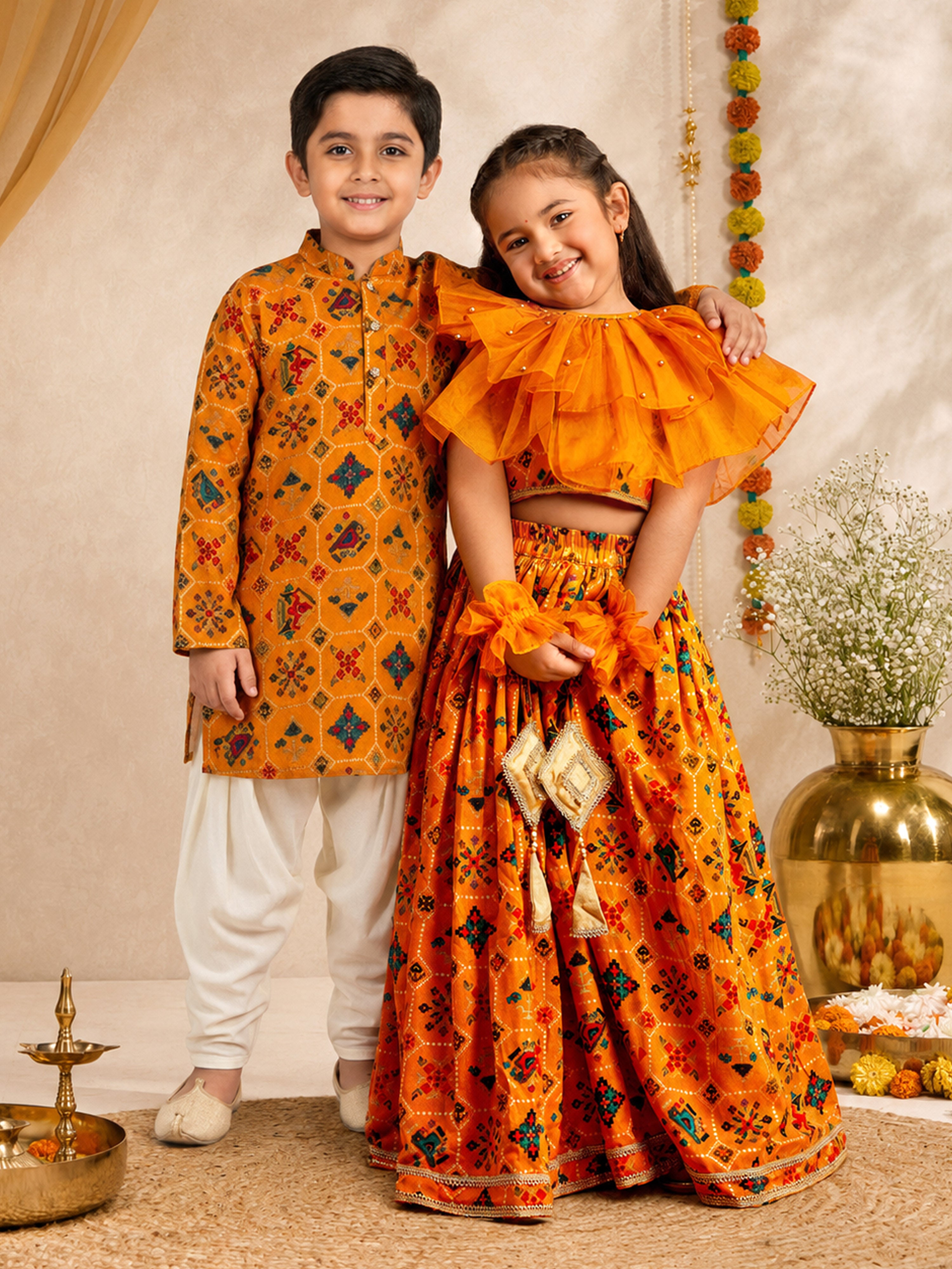 Boy's Mustard Kurta Patiala Set Foil Print