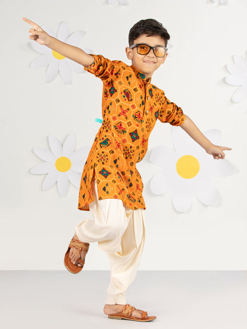 Boy's Mustard Kurta Patiala Set Foil Print