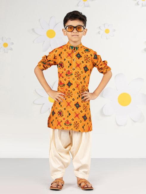 Boy's Mustard Kurta Patiala Set Foil Print