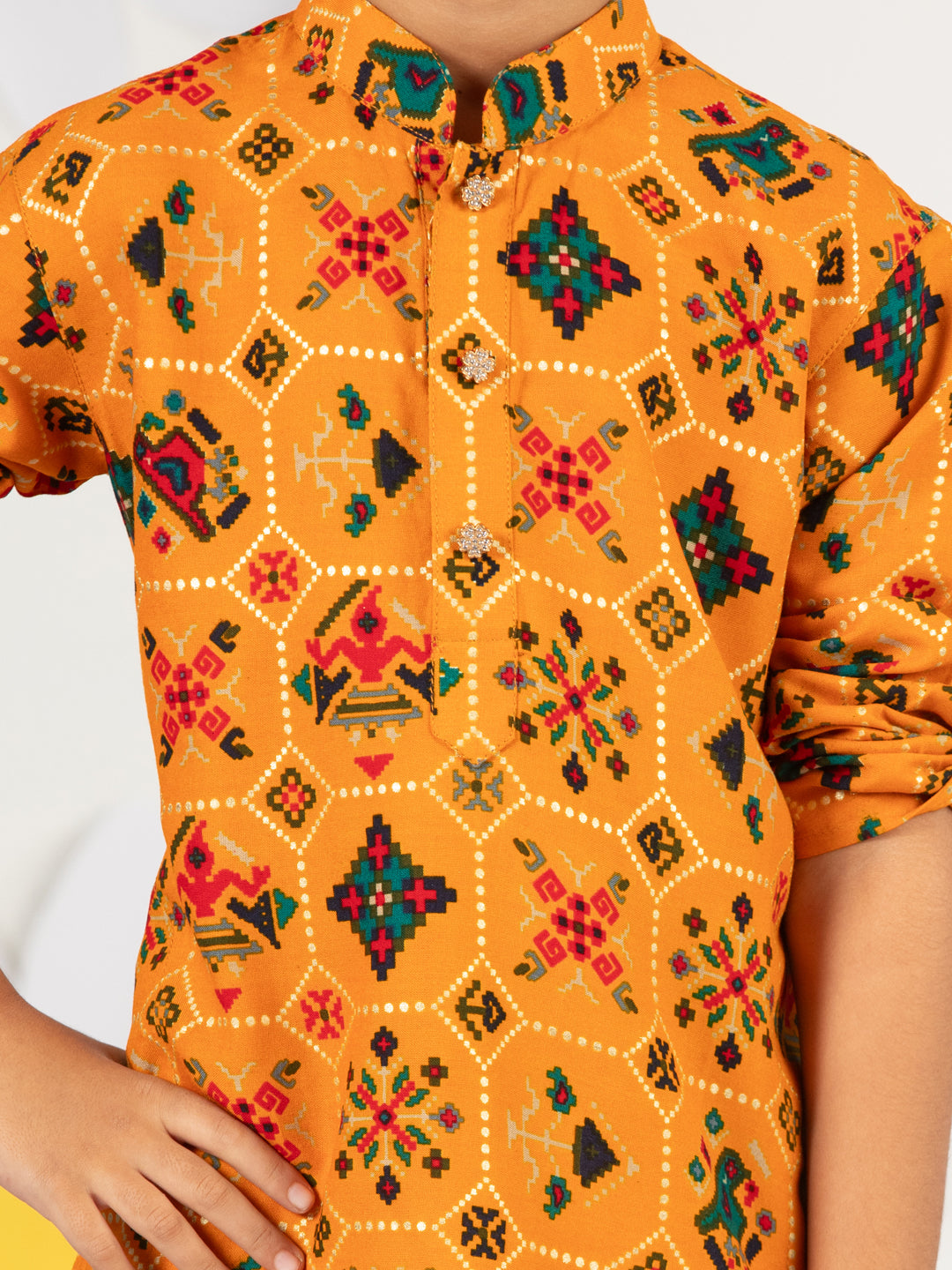 Boy's Mustard Kurta Patiala Set Foil Print