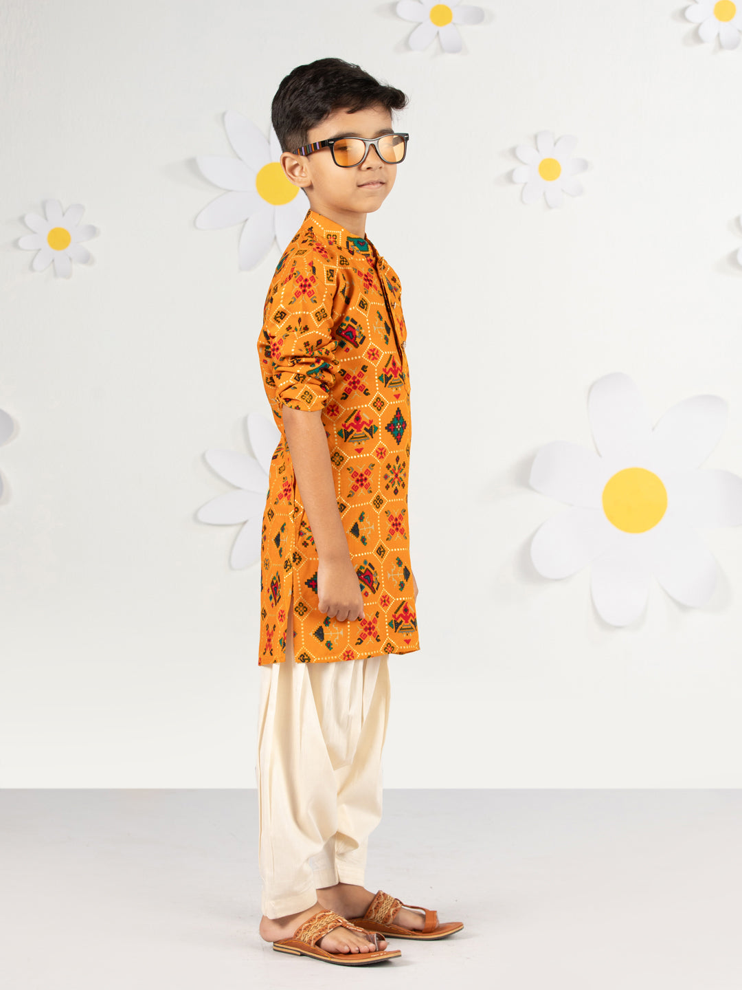 Boy's Mustard Kurta Patiala Set Foil Print
