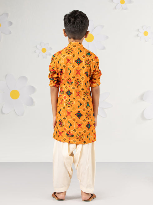 Boy's Mustard Kurta Patiala Set Foil Print