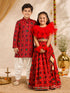 Girls Red Patola Print Rayon Lehenga Choli Set with Accessories & Ruffled Hand Gloves