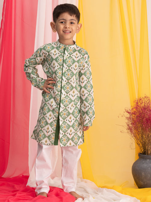 Boy's Green Ikkat Print Front Open Kurta With Pyjama Set