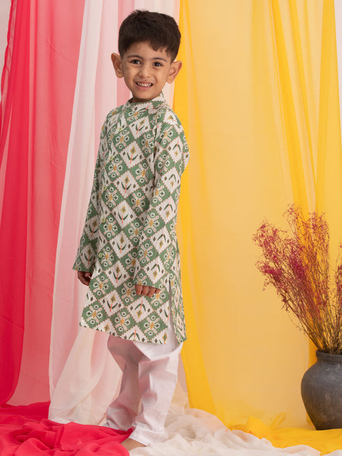 Boy's Green Ikkat Print Front Open Kurta With Pyjama Set