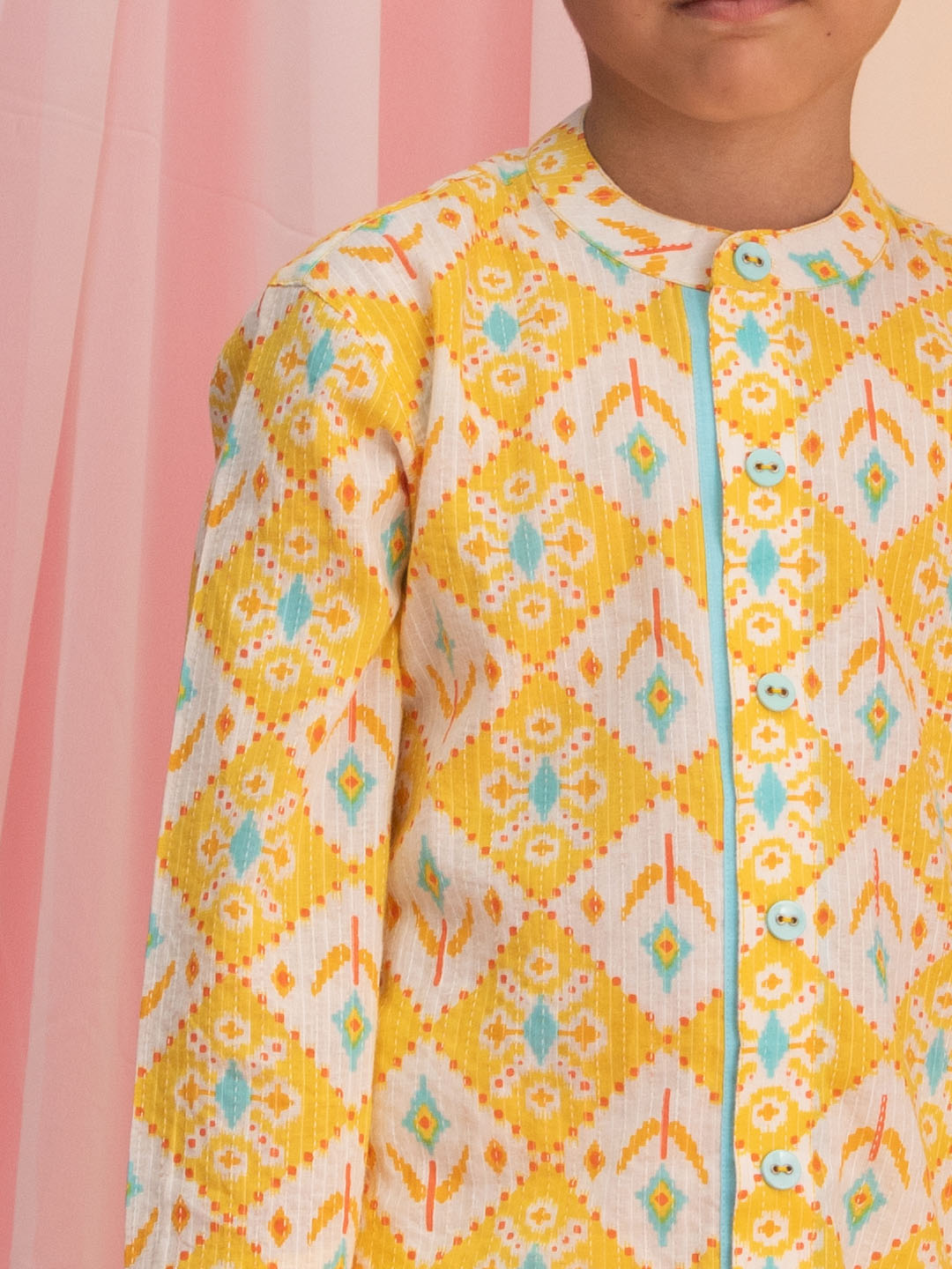 Boy's Yellow Ikkat Print Front Open Kurta With Pyjama Set