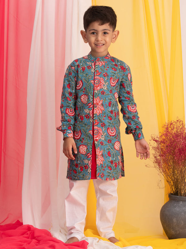 Boy's Blue Floral Print Front Open Kurta With Pyjama Set
