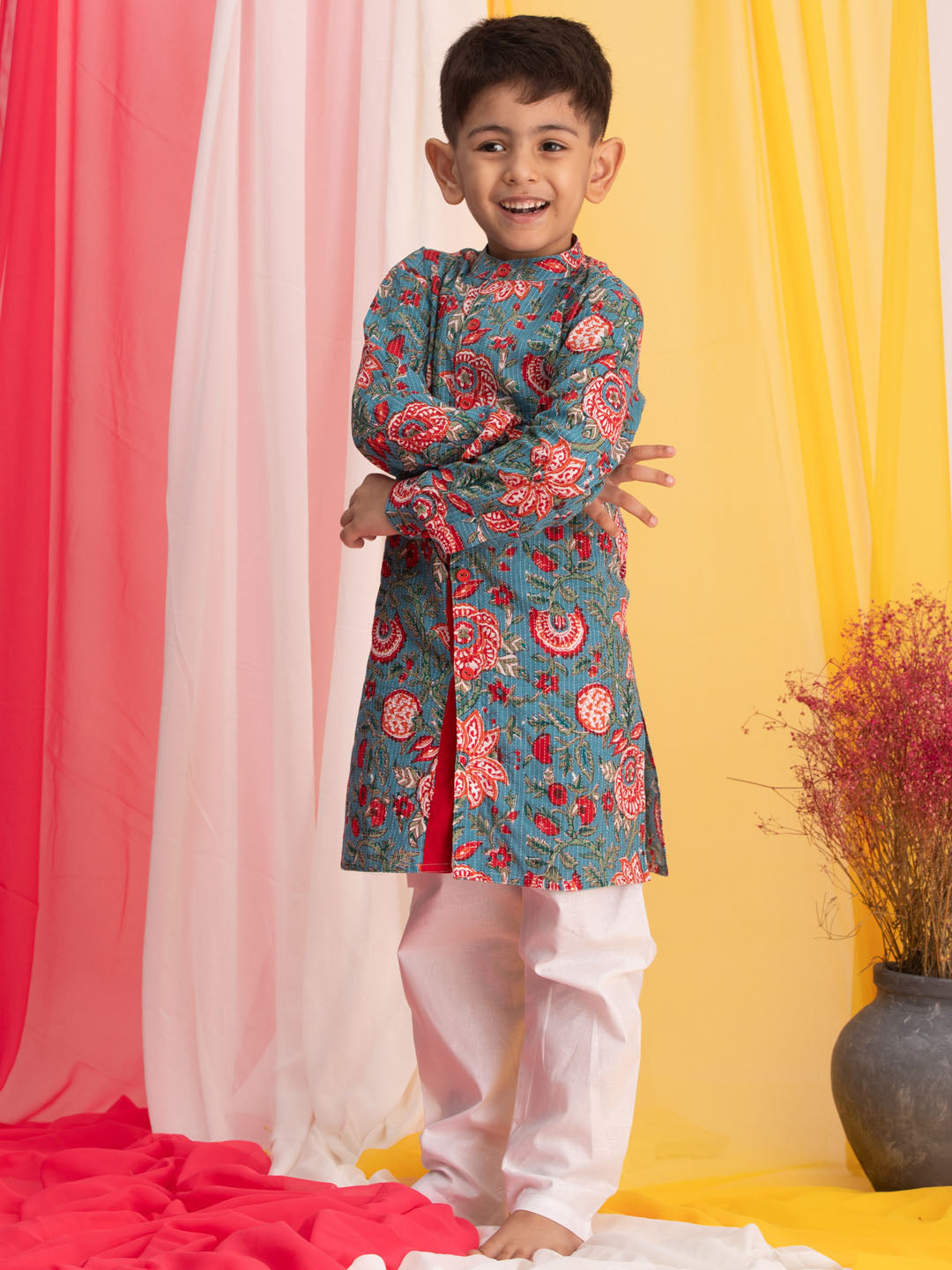 Boy's Blue Floral Print Front Open Kurta With Pyjama Set