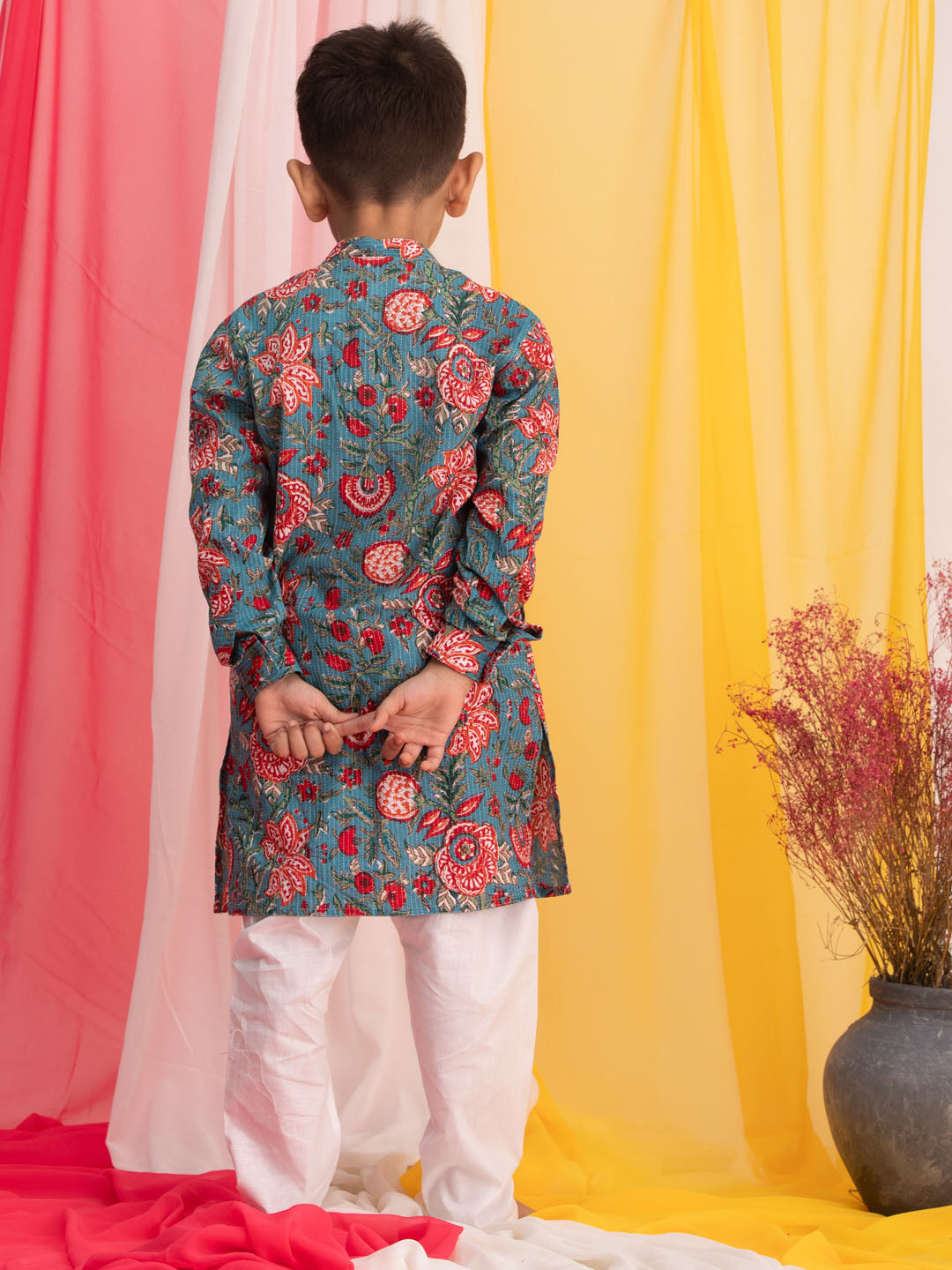 Boy's Blue Floral Print Front Open Kurta With Pyjama Set