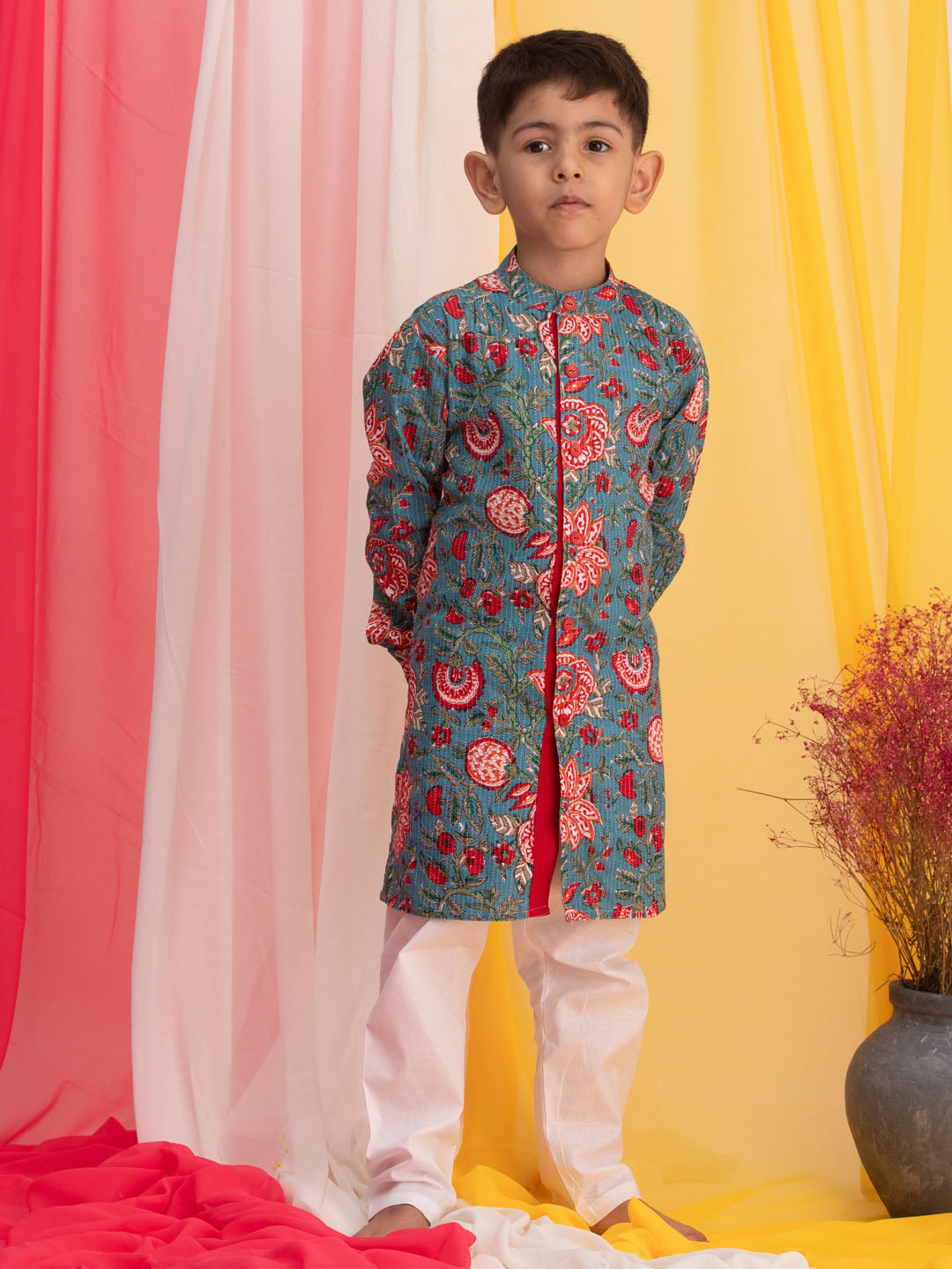 Boy's Blue Floral Print Front Open Kurta With Pyjama Set
