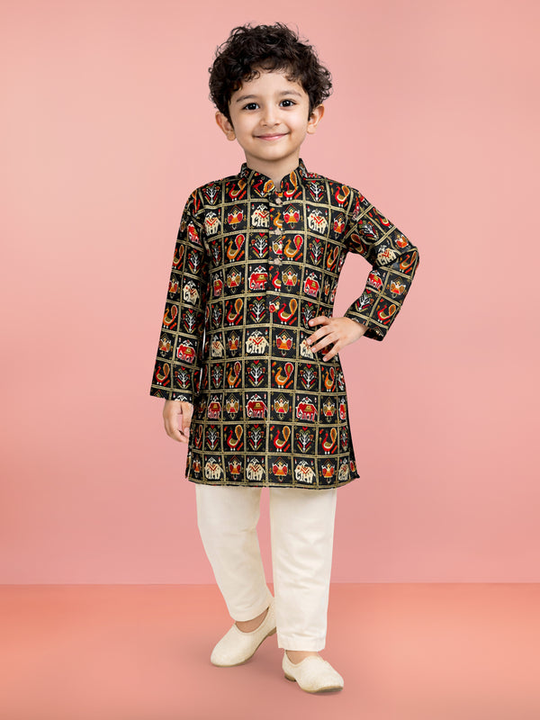 Boy's Blue Rayon Patola Kurta Pyjama Set