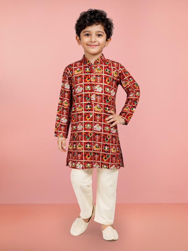 Boy's Red Rayon Patola Kurta Pyjama Set
