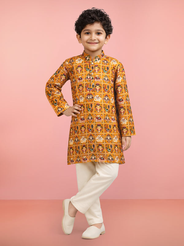 Boy's Yellow Rayon Patola Kurta Pyjama Set
