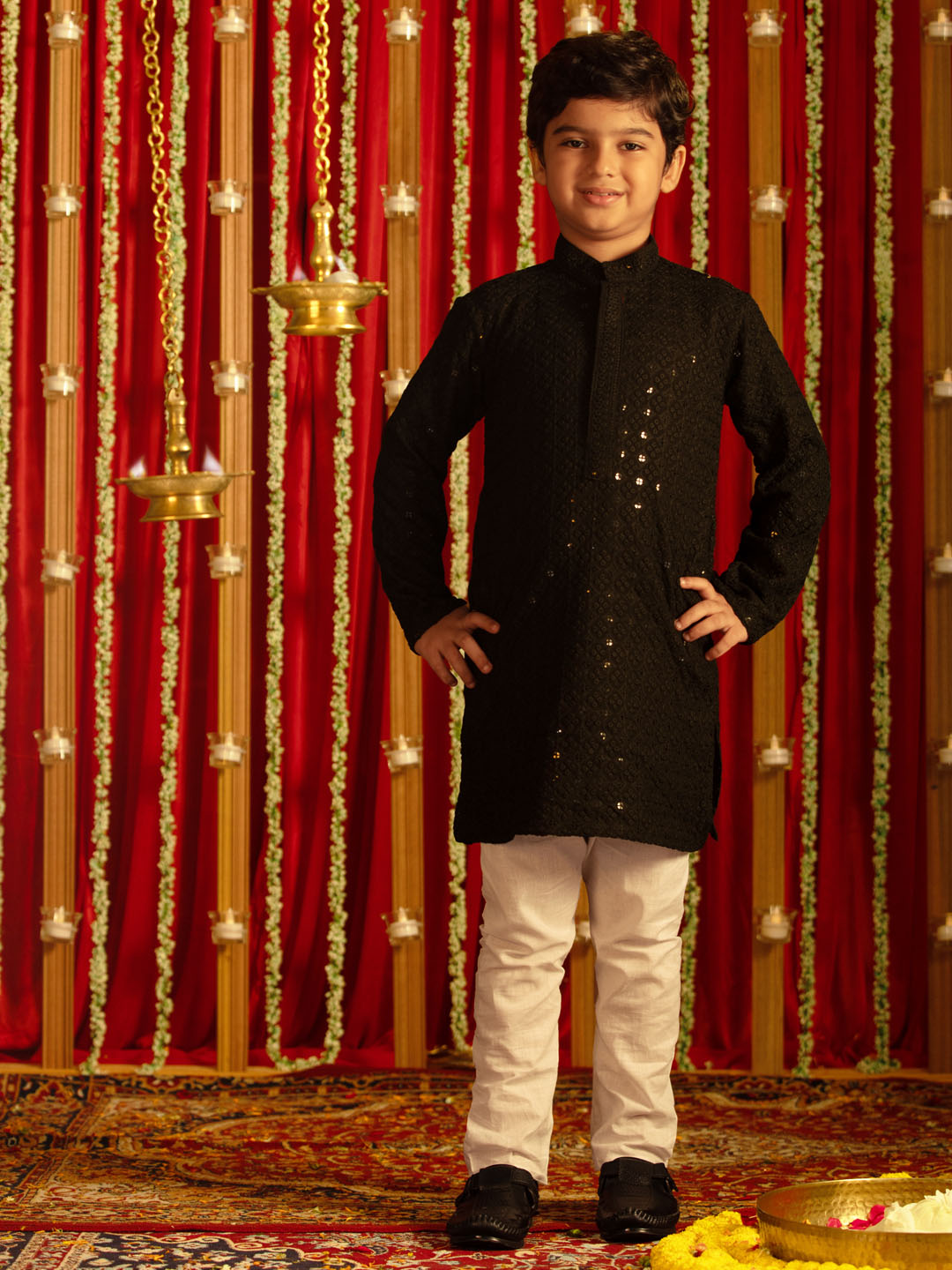 Boy's' Black And White Schiffli Kurta Pyjama Set