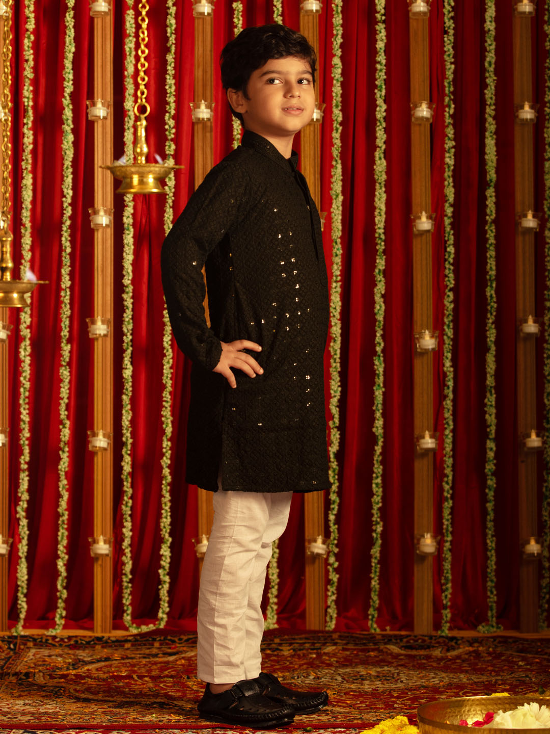 Boy's' Black And White Schiffli Kurta Pyjama Set