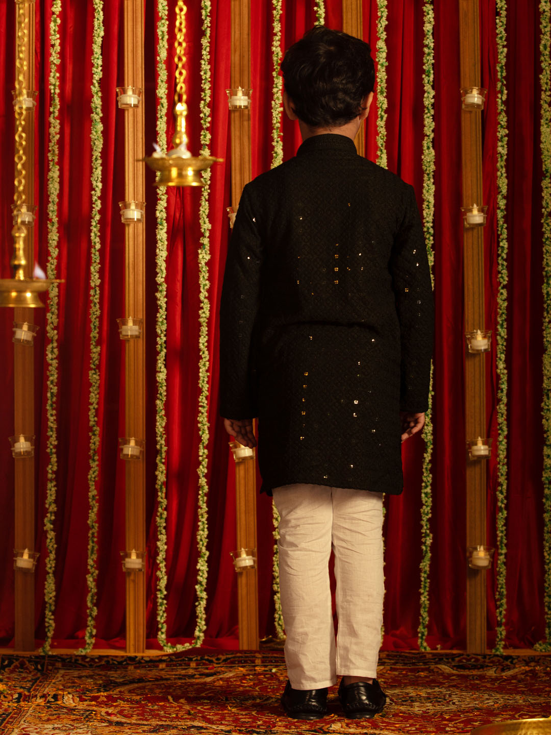 Boy's' Black And White Schiffli Kurta Pyjama Set