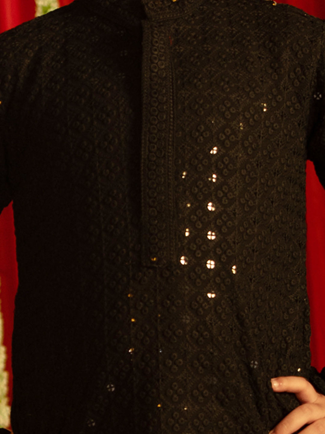 Boy's' Black And White Schiffli Kurta Pyjama Set