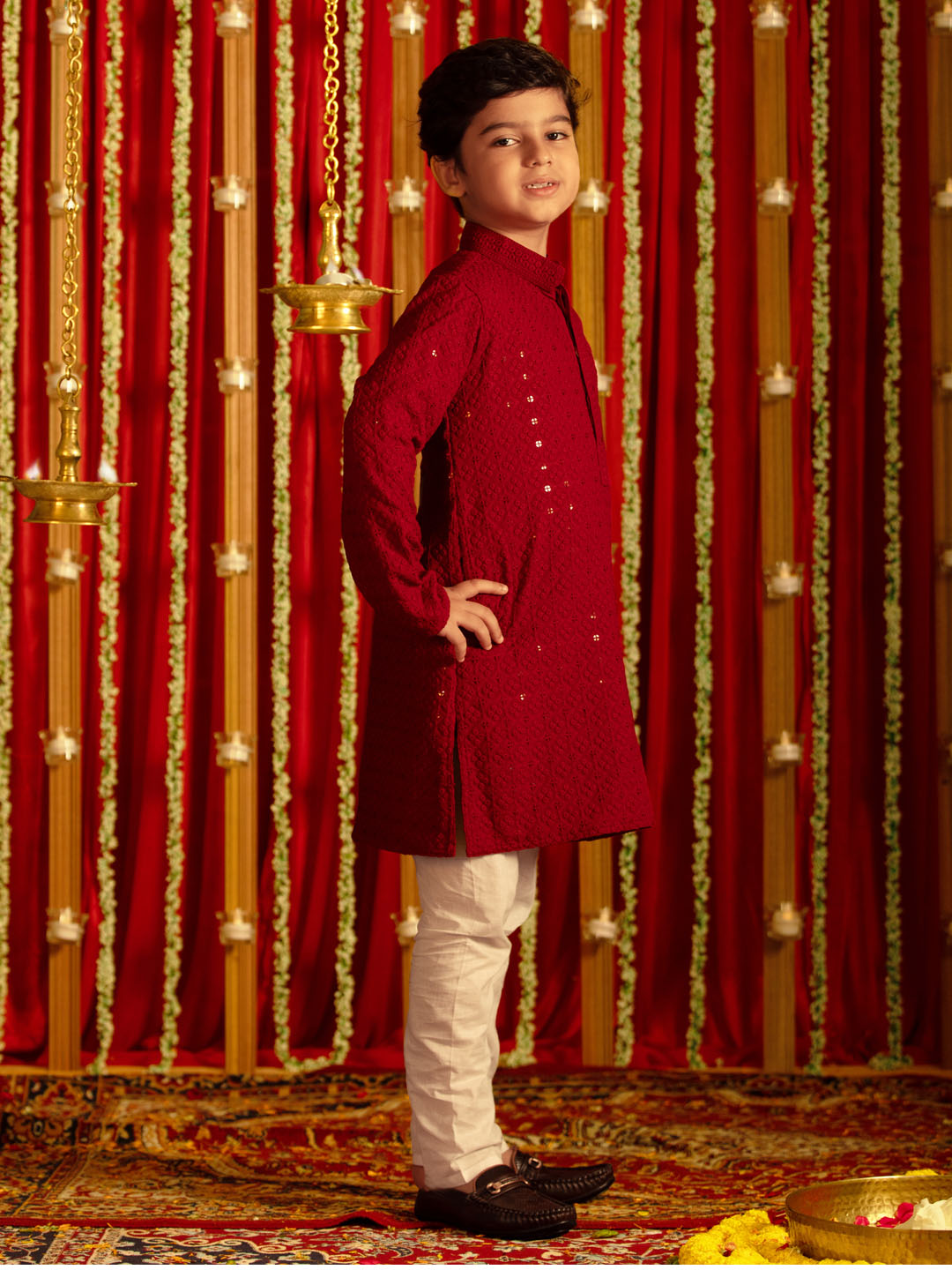 Boy's' Maroon And White Schiffli Kurta Pyjama Set