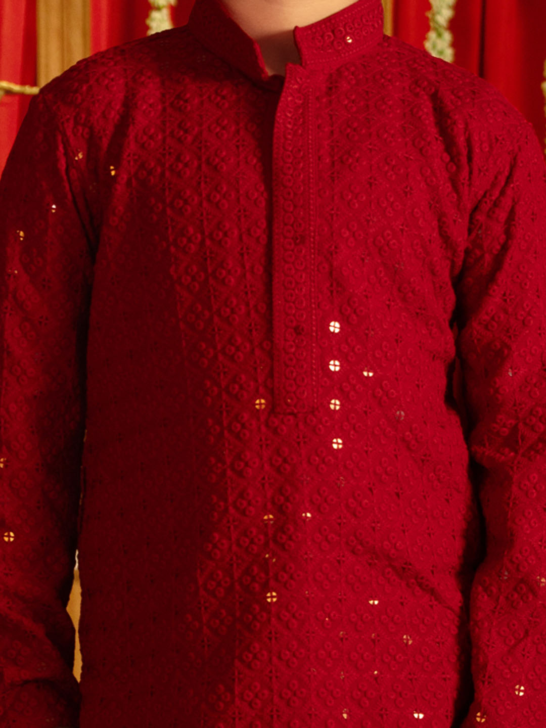 Boy's' Maroon And White Schiffli Kurta Pyjama Set