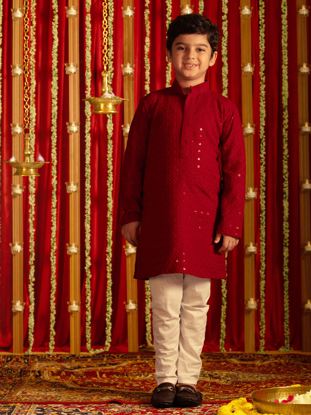 Boy's' Maroon And White Schiffli Kurta Pyjama Set