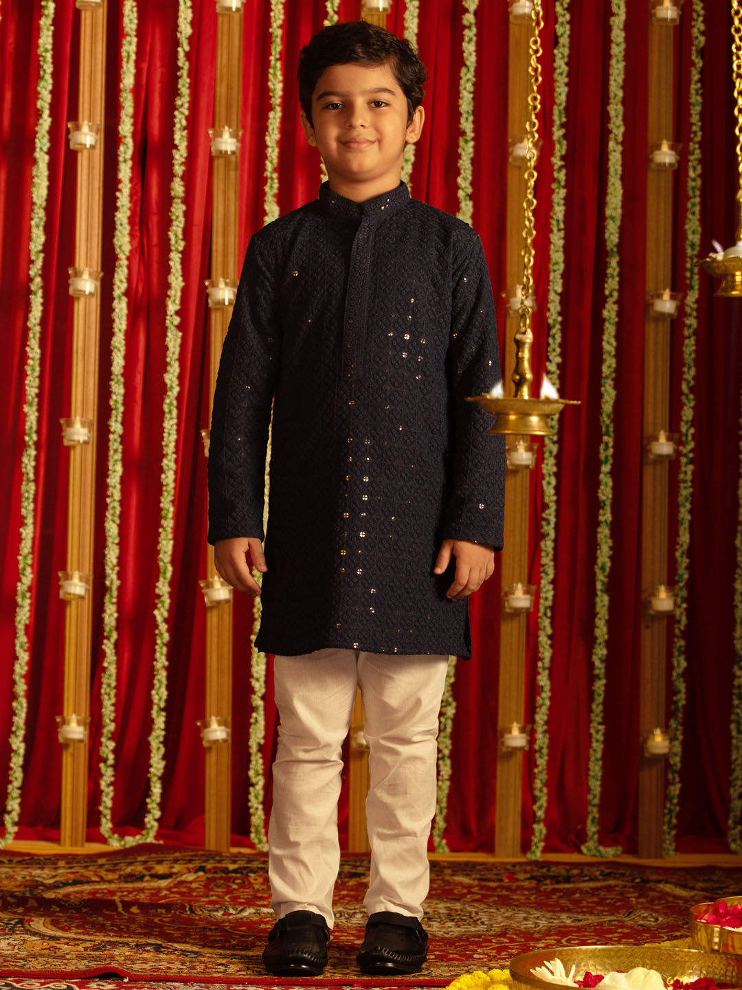 Boy's' Navy Blue And White Schiffli Kurta Pyjama Set