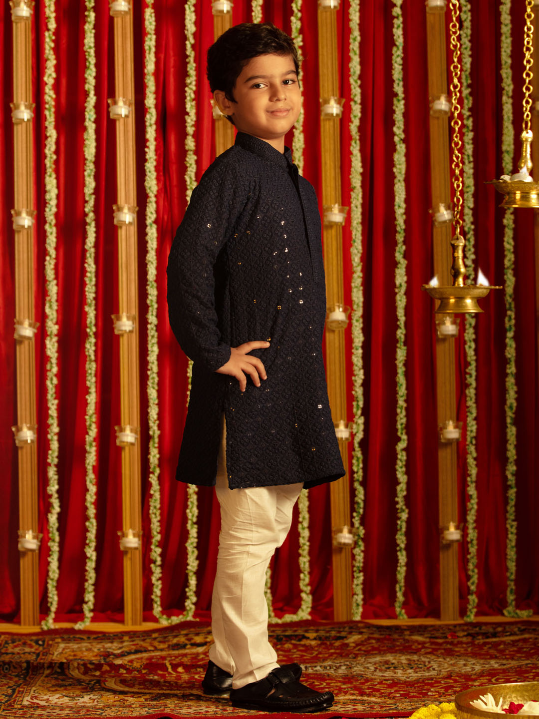 Boy's' Navy Blue And White Schiffli Kurta Pyjama Set