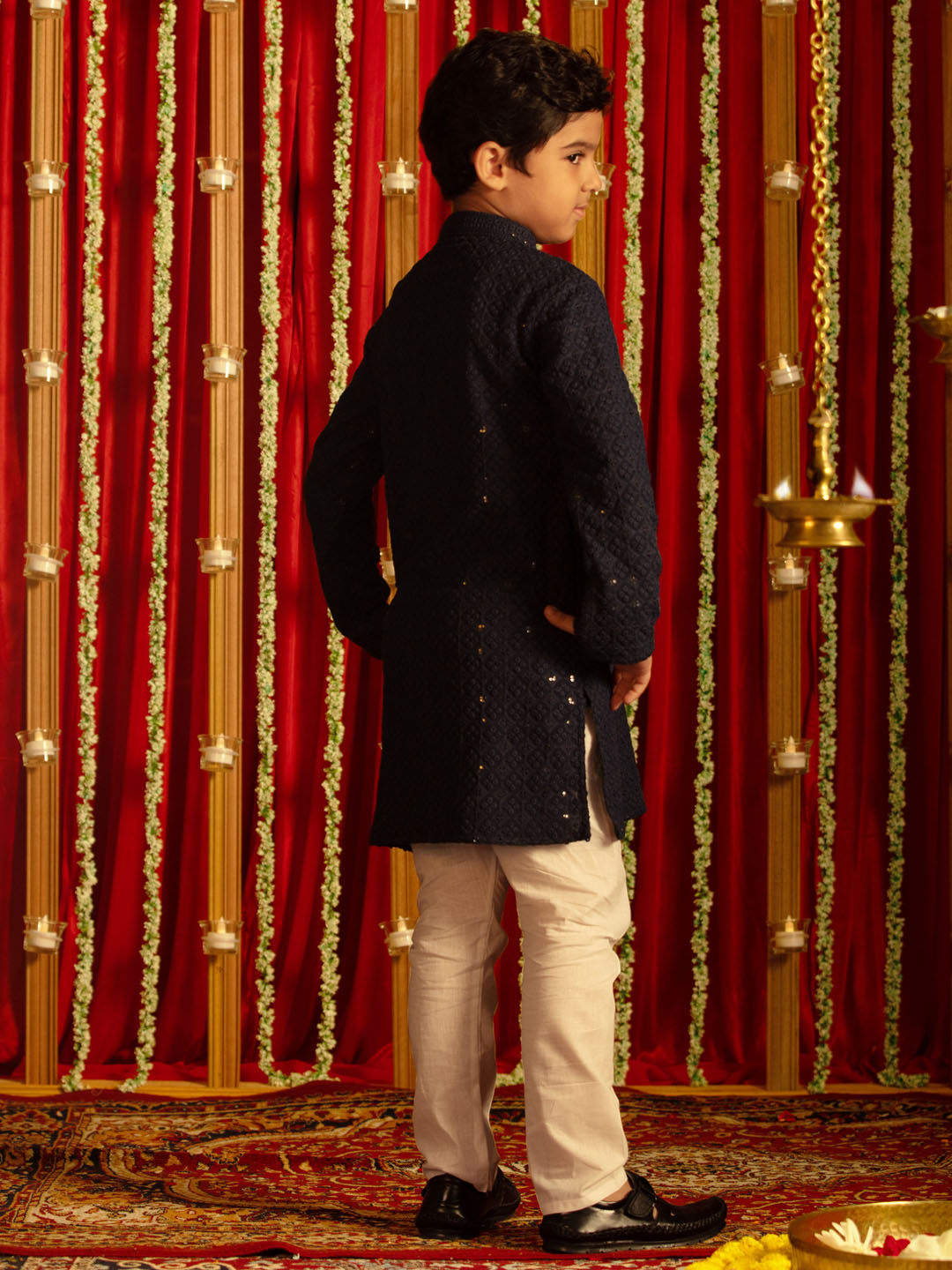 Boy's' Navy Blue And White Schiffli Kurta Pyjama Set