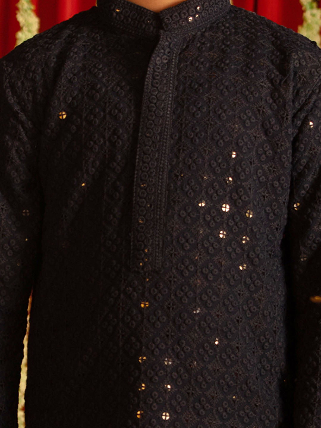 Boy's' Navy Blue And White Schiffli Kurta Pyjama Set