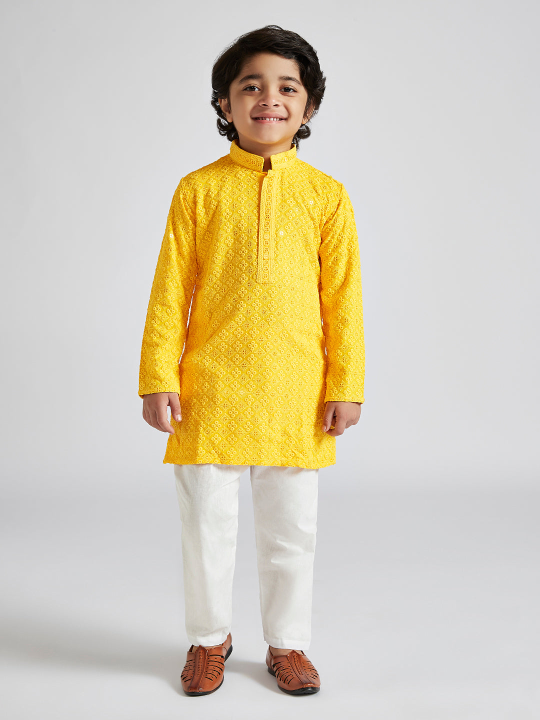 Boy's' Yellow And White Schiffli Kurta Pyjama Set