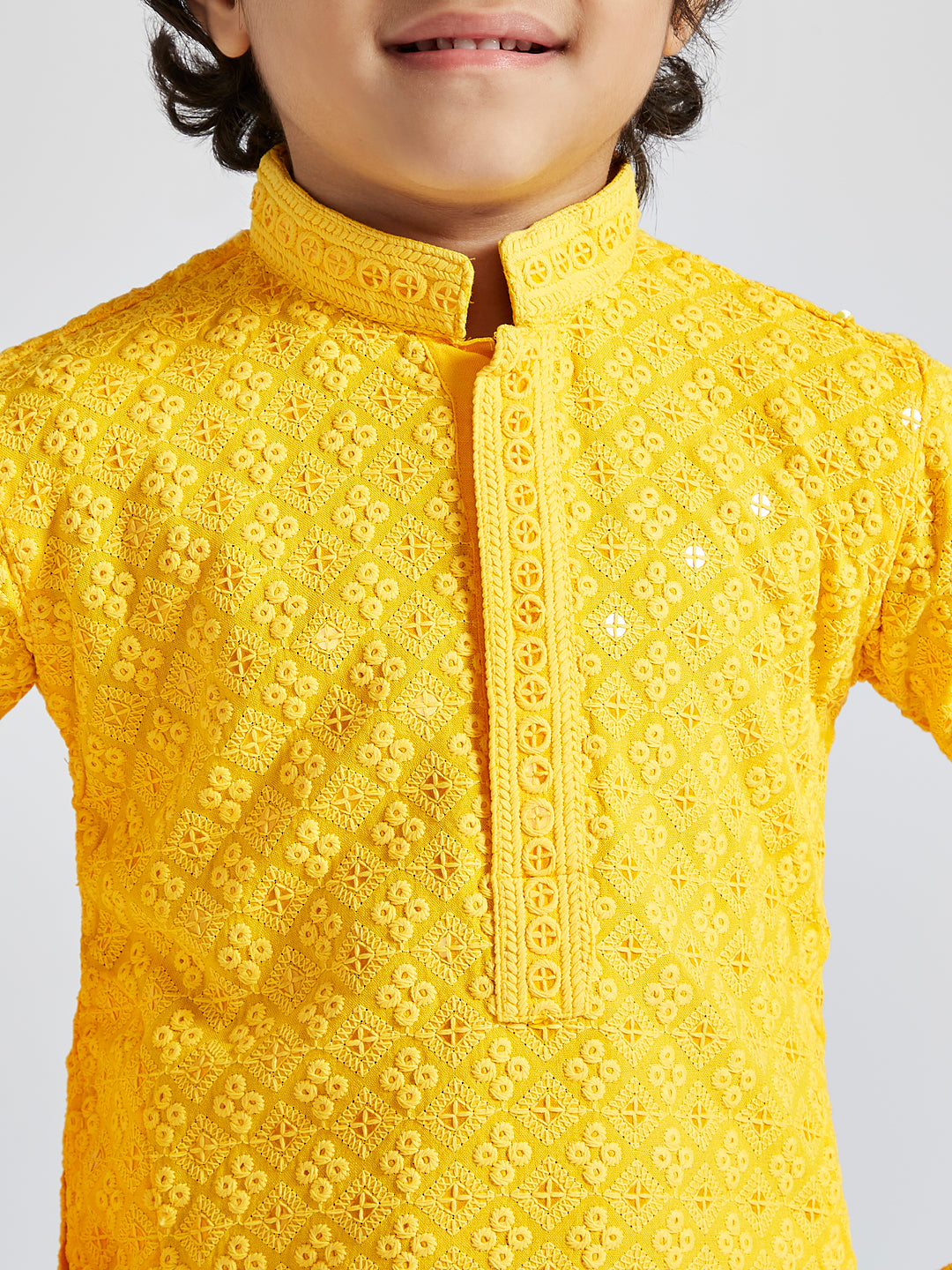 Boy's' Yellow And White Schiffli Kurta Pyjama Set