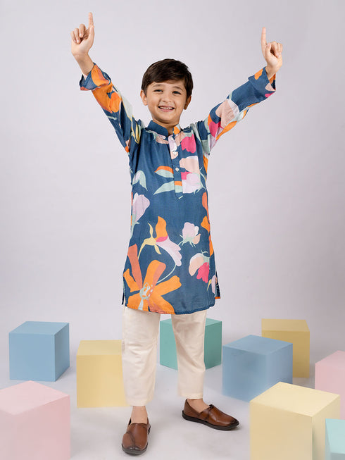 Boy's Blue Floral Printed Pure Viscose Kurta Pyjama Set