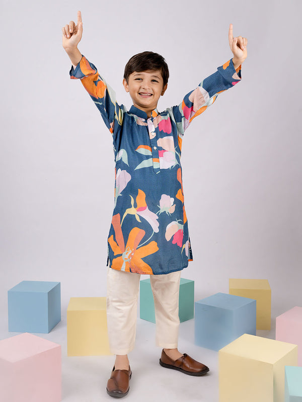 Boy's Blue Floral Printed Pure Viscose Kurta Pyjama Set