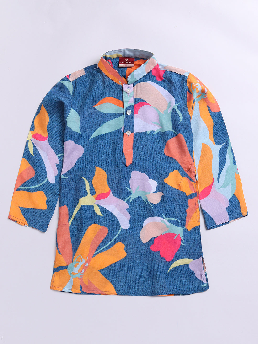 Boy's Blue Floral Printed Pure Viscose Kurta Pyjama Set