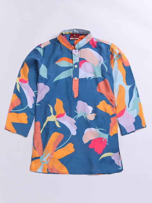 Boy's Blue Floral Printed Pure Viscose Kurta Pyjama Set