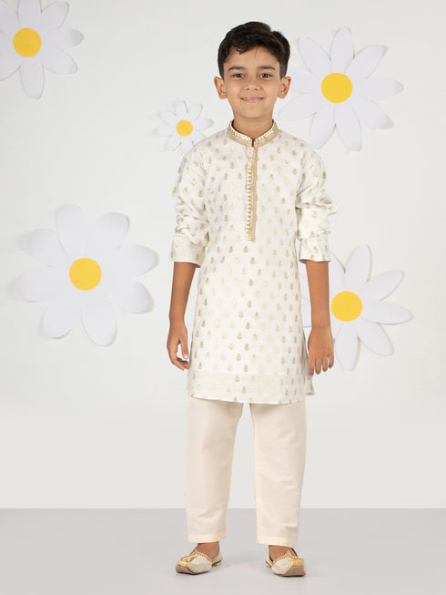 Boy's Cream Silk Kurta Pyjama Set