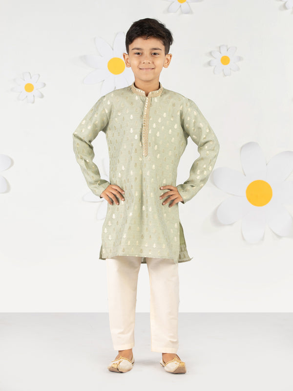 Boy's Mint Green Silk Kurta Pyjama Set