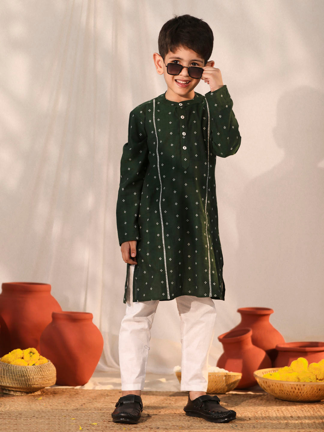 Boy's' Bottle Green Kurta Pyjama Set