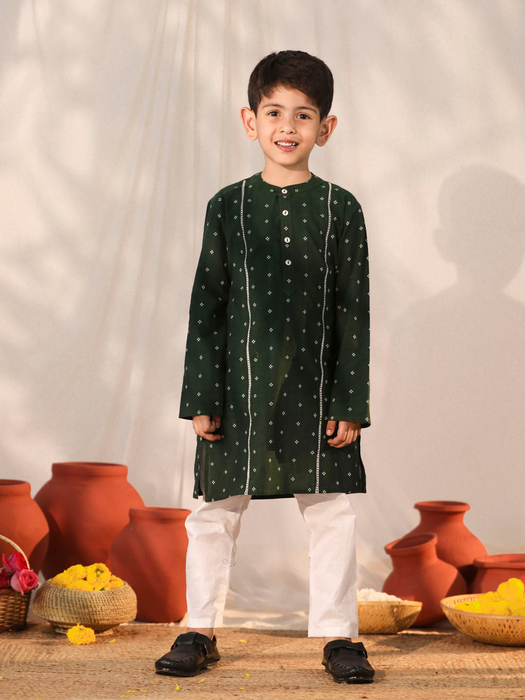 Boy's' Bottle Green Kurta Pyjama Set