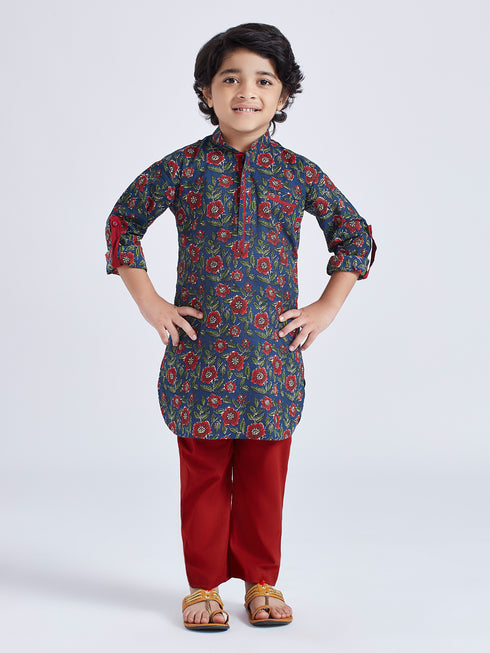 Boy's' Navy Blue Kurta Pyjama Set