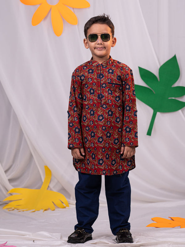 Boy's' Rust Brown Floral Kurta Pyjama Set