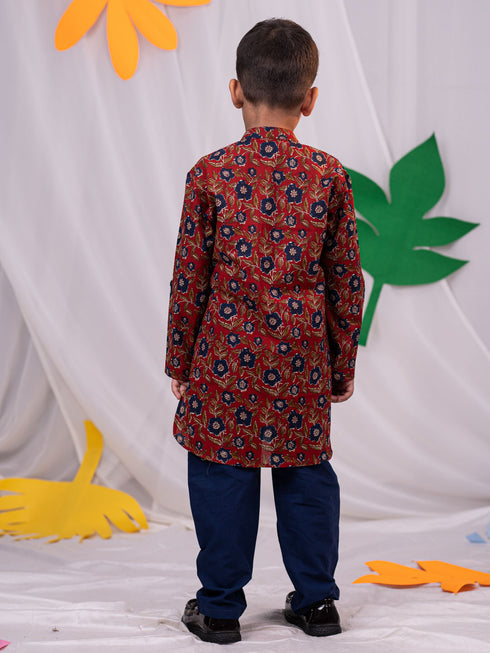 Boy's' Rust Brown Floral Kurta Pyjama Set