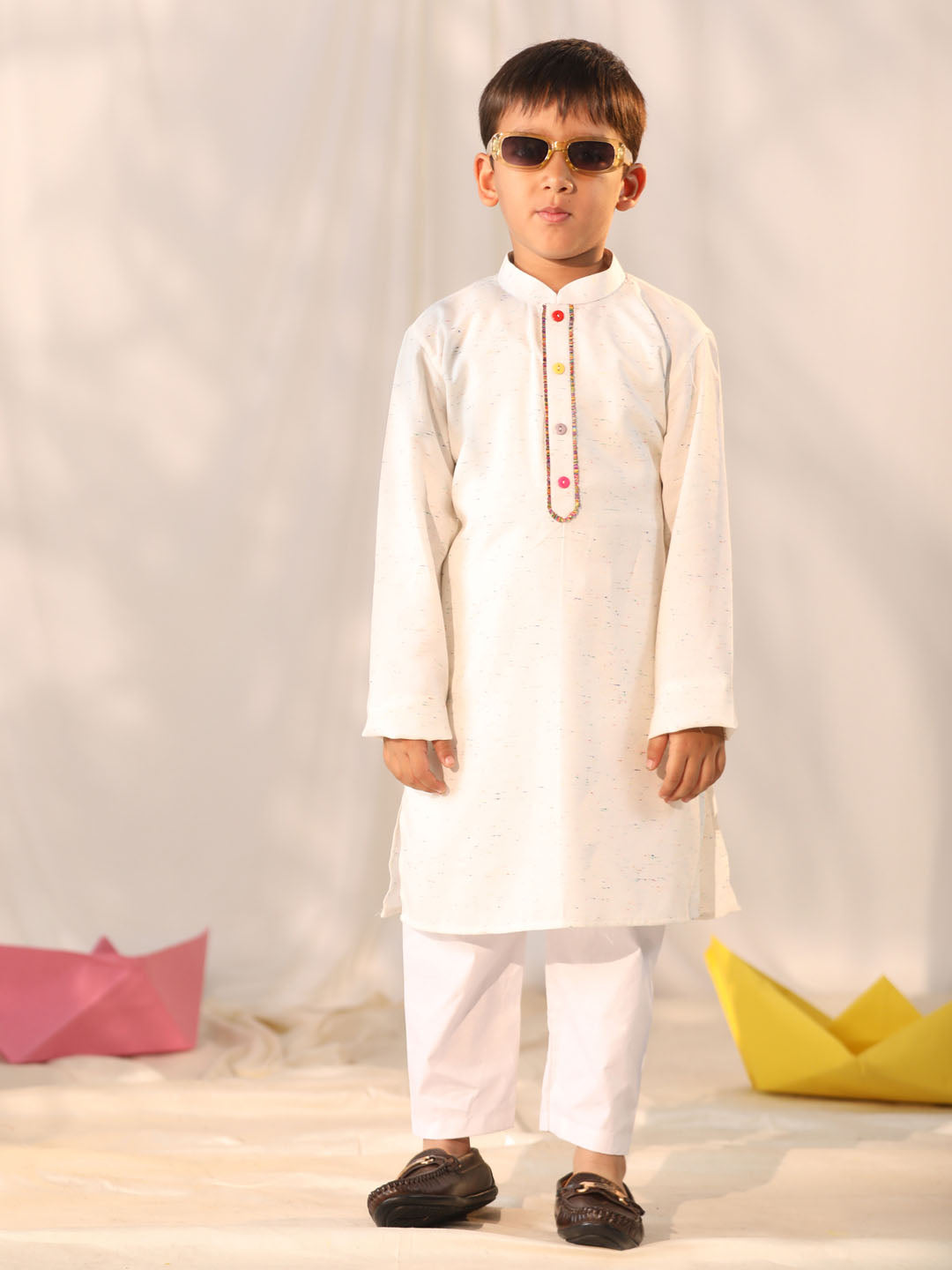 Boy's' Cream Holi Special Kurta Pyjama Set