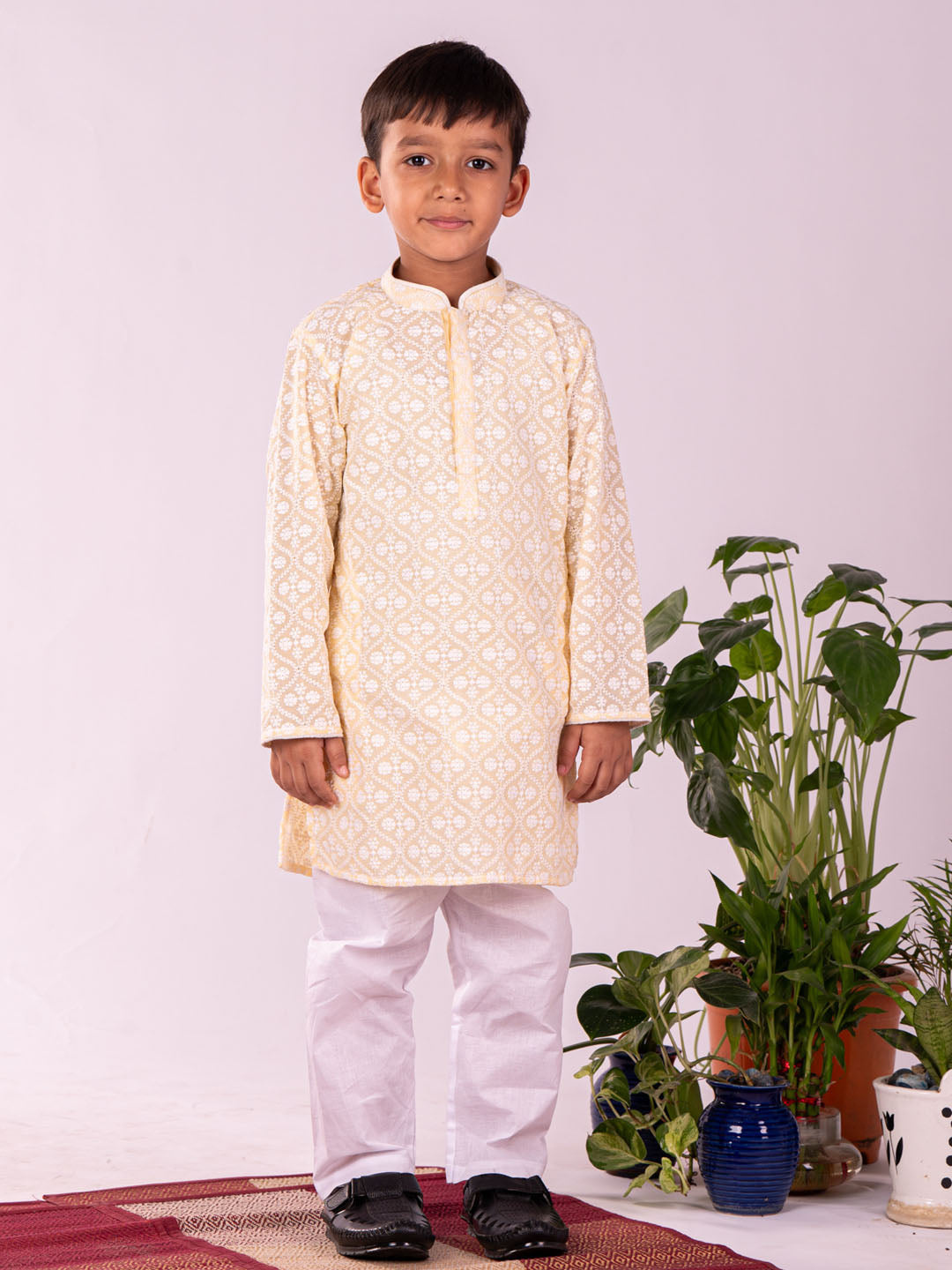 Boy's' Yellow Chikankari Worked Cotton Kurta Pyjama Set
