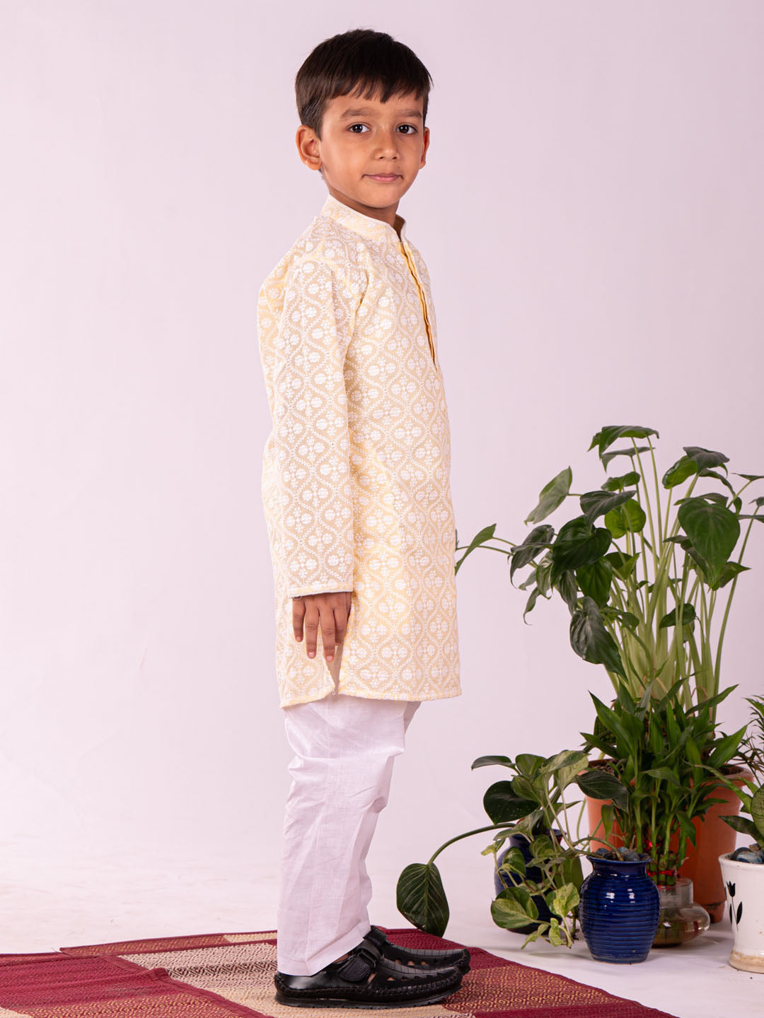Boy's' Yellow Chikankari Worked Cotton Kurta Pyjama Set